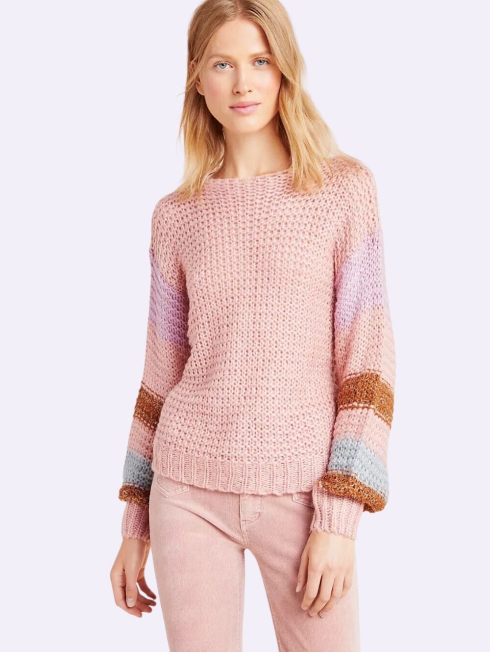 Anthropologie Heartloom Mae Pink Striped Sleeves chunky Pullover Sweater Sz M